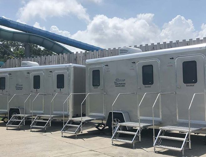 Several three stall Jones restroom trailers